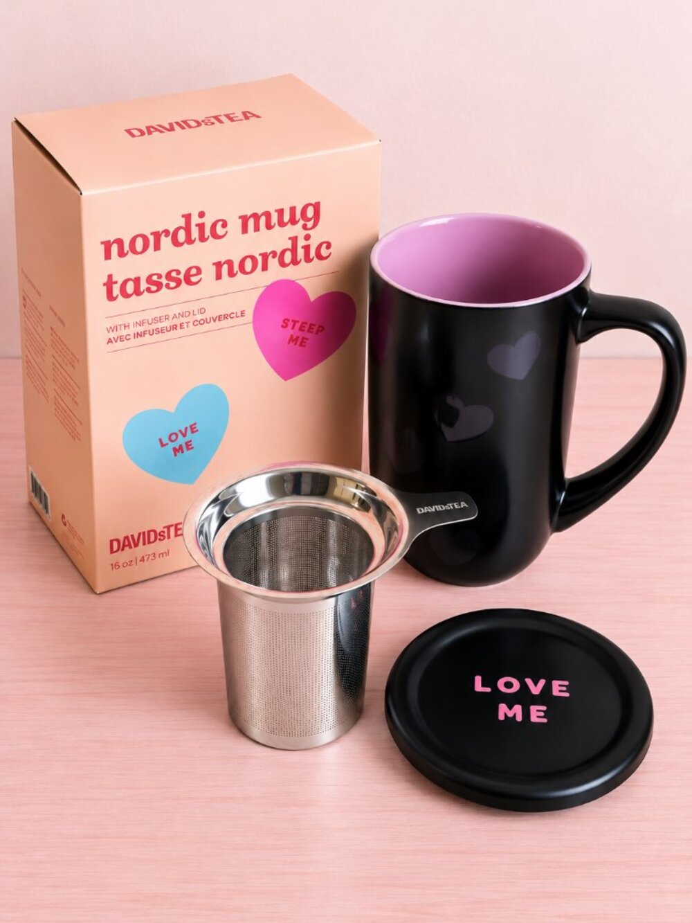 DAVIDsTEA Sweethearts Candy Hearts Color Changing Nordic Tea Mug Infuser Lid NEW